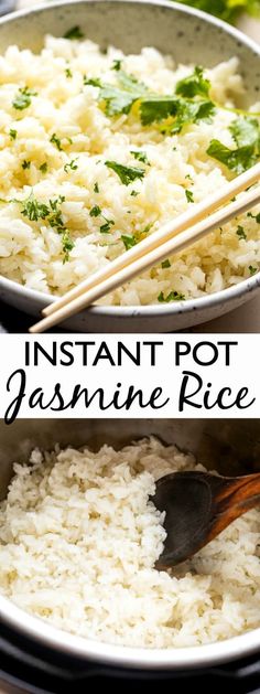 instant pot jasmine rice in a pan with chopsticks