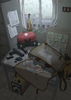 a suitcase sitting on top of a table next to a bottle and some money in front of a window