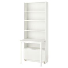 a white bookcase with two drawers and one drawer on the bottom, against a white background