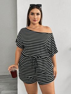 Plus Size Women's Romper, Casual Striped Romper,Summer Women Dresses One Piece Outfit Jumpsuit,Shorts Women Rompers Black and White Casual  Short Sleeve Knitted Fabric Colorblock,Striped Other Medium Stretch  Women Plus Clothing, size features are:Bust: ,Length: ,Sleeve Length: One Piece Outfit Jumpsuit Short, One Piece Outfit Jumpsuit, Dresses One Piece, Short Jumpsuits For Women, Casual Summer Rompers, Casual Playsuit, Outfit Jumpsuit, Romper Casual, Jumpsuit Shorts