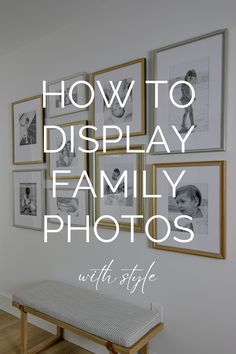 how to display family photos with style on the wall above a bench in a living room