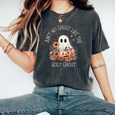 Check out this comfort colors© Show your spirit this season with our 'Ain't No Ghost Like the Holy Ghost' t-shirt--where faith and fun come together in perfect harmony! Unfortunately we do not offer returns or exchanges as these are printed per order. If you have any manufacturing issues we will do our best to make it right.    https://gndesignertees.etsy.com Comfort Colors introduces its garment-dyed t-shirt; a fully customizable tee made 100% with ring-spun cotton. The soft-washed, garment-dyed fabric brings extra coziness to your wardrobe while the relaxed fit makes it an excellent daily choice. The double-needle stitching throughout the tee makes it highly durable while the lack of side-seams helps the shirt retain its tubular shape. .: 100% ring-spun cotton .: Medium fabric (6.1 oz/yd Church Halloween, Nurse Halloween Shirt, Catholic Shirt, Nurse Halloween, Stay Spooky, Halloween Nurse, Gift For Nurse, Jesus Shirt, Ghost Shirt