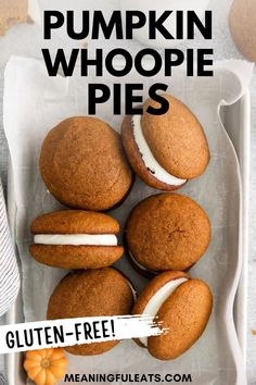 6 pumpkin whoopie pies filled with cream cheese frosting. Pumpkin Whoopie Pie, Fall Desserts Gluten Free, Gluten Free Pumpkin Desserts, Pumpkin Whoopie Pie Recipe, Gluten Free Desserts Thanksgiving, Gluten Free Pumpkin Cookies, Whoopie Pie Recipe, Pumpkin Whoopie Pies, Fluffy Cake