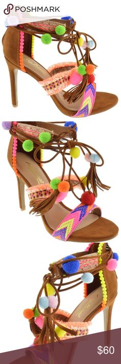 💖Ladies BROWN Open Toe Fringe Pom Block Heel 💖💜💖 Ladies Brown   Embroidered Open Toe Tie Up Fringe  Pom Pom Block Heel 👡 Sandal *NWT*   These charming open toe heels feature an embroidered strappy silhouette, decorative colorful pom pom accent, chunky heel, and lightly padded insole.  ✖️adjustable tassel lace up design and back zip closure ✖️Heel height : Aprox 4” ✖️Anne Michelle brand  Perfect for summer Shoes Heels Multicolor Bohemian Heels For Spring, Traditional Multicolor Heels For Spring, Traditional Multicolor Spring Heels, Spring Embellished Multicolor Heels, Gold Sparkly Heels, Tassel Lace, Statement Sandals, Black And White Heels, Blue Suede Heels