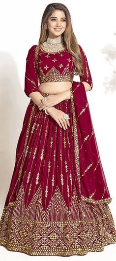 Red and Maroon color Lehenga in Georgette fabric with Sequence, Thread work Red Cutdana Choli For Party, Party Red Choli With Cutdana Details, Red Georgette Choli With Cutdana, Festive Red Sharara With Unstitched Blouse, Red Sharara With Unstitched Blouse For Festive Occasions, Red Georgette Lehenga For Navratri, Celebration Red Sharara With Cutdana, Red Georgette Lehenga With Cutdana, Red Georgette Lehenga With Unstitched Blouse