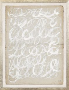 an abstract painting with white paint on the bottom and letters above it in black ink