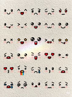 an assortment of emoticions on a white paper textured with watermarks