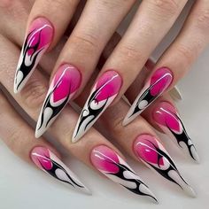 White And Black Flame Nails, Black Nail Tips, Pink Black Nails, Fake Acrylic Nails, Quick Nail Art, Airbrush Nails, Cheap Nail, Nail Forms, Nail Art Tutorial