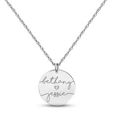 A sweet and romantic way to show your love, this couple's necklace features a 14K white gold disc customized with both of your names in an elegant script font. A single round diamond shines in a dainty heart design for a hint of sparkle. The pendant suspends from an 18-inch rope chain thats secures with a spring ring clasp. Minimalist White Gold Name Necklace For Anniversary, Engraved Round Pendant Name Necklace For Valentine's Day, Elegant Silver Name Necklace With Engraving Option, Silver Round Name Necklace For Wedding, Name Necklace For Anniversary Gift, Engraved White Gold Name Necklace For Anniversary, Customizable White Gold Necklace For Anniversary, Engraved White Name Necklace For Wedding, Anniversary White Gold Name Necklace