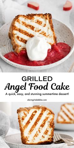 grilled angel food cake on a plate with whipped cream in the middle and red sauce below