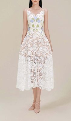 Walk down the aisle in romantic elegance with this roses lace A-line midi dress in pristine white. An illusion yoke neckline trimmed in intricate floral lace provides an extra touch of drama before giving way to a figure-flattering A-line dress. Fitted A-line Dress With Delicate Lace, A-line Lace Midi Dress For Garden Party, A-line Scallop Lace Dress For Wedding Guest, Evening Lace Midi Dress Fit And Flare, A-line Lace Dress With Scalloped Lace For Wedding Guest, Elegant Lace Fit And Flare Midi Dress, Elegant Fit And Flare Midi Lace Dress, Elegant Fit And Flare Midi Length Lace Dress, Elegant Fit And Flare Lace Midi Dress