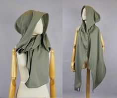 This hooded scarf has a large hood and is made out of soft organic cotton. Ideal as a sun protector or to snuggle in when it is chilly outside. This piece is the new solmode basic hooded scarf. It is made out of 1 layer of fabric. Complete serverend around and at the head line it has a small seam.  You can not go wrong with this hood. You can wear it every day or use it as a finishing touch for your costume.  Designed and handmade by Solmode in the Netherlands.  * Material: Olive green organic c Modern Hood, Strega Fashion, Hooded Scarf, Festival Clothing, Vest Outfits, Clothes Crafts, Post Apocalyptic, Long Scarf, Character Outfits