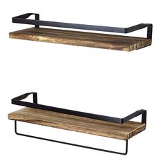 two wooden shelves with black metal brackets on each shelf and one has a wood top