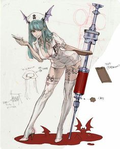 a drawing of a woman standing next to a giant syringe with blood on it