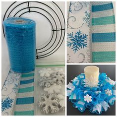 blue and white snowflakes are on the table next to some fabric, scissors and other items