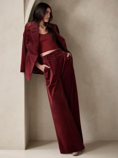 In a word? Sumptuous.  But we can think of many to describe the soft feeling of this luxurious ultra high-rise pleated pant, crafted from a plush velvet fabrication with sophisticated touches, like pleated detail and trouser crease for polished appea Velvet Pant, Velvet Pants, Banana Republic Pants, Pleated Pants, Dressy Outfits, Wedding Guest Outfit, Wide Leg Trousers, Suits For Women, Work Outfit