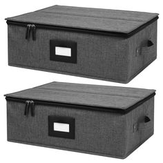 two gray storage boxes with handles and zippers