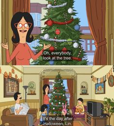 a cartoon christmas tree with the caption'it's the day after halloween, lin