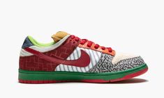 The Nike SB “What the Dunk” is a now-legendary colorway of the classic skate shoe that combines a number of the most popular SB Dunk colorways up to the point it was produced in very limited quantities in 2007.  Each pair features mismatched left and right feet with various colors, prints, and details from iconic Dunk colorways including “Pigeon,” “Huf,” “Heineken,” and many more.  The “What the Dunk” concept was highly influential, with a number of subsequent sneaker releases adopting the motif Dunk Colorways, Dunk Shoes, Yeezy 750, Dunks Nike, Sb Dunk Low, Nike Sb Dunks Low, Sneaker Release, Nike Sb Dunk, Skate Shoe