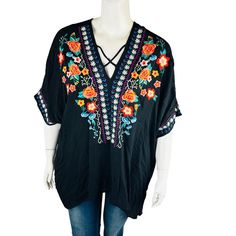 New Oddi Womans One Size Embroidered Blouse Top Floral Boho Shirt Black Nwt Bust: 39 Inches Length: 29 Inches Will Fit All Curves Material: 100% Rayon Thanks For Looking! V-neck Blouse With Multicolor Embroidery For Vacation, Black Floral Embroidered Blouse For The Beach, Black V-neck Blouse With Floral Embroidery, Folk Style V-neck Festival Tops, Black Bohemian Cotton Blouse, Multicolor Embroidered V-neck Blouse For Vacation, Black Embroidered V-neck Top For Summer, Black Embroidered Tunic Blouse, Black Tunic Top For Spring