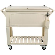 a large white cooler on wheels with the lid open and two handles extended to it's sides