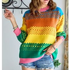 New! Boho Relaxed Colorful Knit Sweater Ombr “Pixelated” Color Block Design In An Array Of Cheerful Colors That Are Sure To Brighten Your Day Contrasting Pink Collar And Trim Slightly Puffed Balloon Sleeves Hit Above Wrist - Great To Layer Over A Long Sleeve Tee Or To Show Off Your Jewelry Fuzzy Knit “Pixels” Add A Fun Little Twist Great For An Apre Ski Hang Or A Cool Spring Or Summer Night A Fabulous Comfy Colorful Sweater That Will Make You Happy Just Looking At It...And Then You Put It On...S Trendy Oversized Color Block Sweater, Colorful Patchwork Casual Sweater, Multicolor Color Block Sweater For Spring, Colorful Casual Patchwork Sweater, Spring Color Block Sweater For Layering, Green Crew Neck Sweater With Color Matching, Yellow Patchwork Winter Sweater, Yellow Patchwork Sweater For Winter, Multicolor Color Block Sweater For Layering