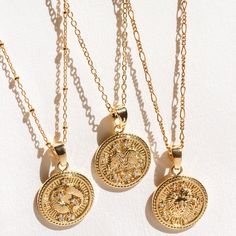 This Zodiac Necklace is a gold pendant necklace you will adore! You can choose your zodiac sign or your loved one's - how cute is that! Layer with other necklaces or wear it as statement jewelry. Coin size: 18 mm, thickness: 2 mm Spring ring clasp (6mm) 18K gold plated coin 14K gold filled chain (Cable, Figaro or Satellite) Comes with 2" extender Nickel-free Coin Necklace Gold, Zodiac Constellation Necklace, Astrology Necklace, Zodiac Pendant Necklace, Zodiac Sign Necklace, Gold Coin Necklace, 22 December, Celestial Necklace, Necklace Extender