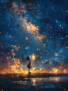 an Anime little girl hold a shining star in her hands,surrounded by a lot of little colored stars,is Standing on the sea and making a wish, land of dreams,shooting stars , The Milky Way ,colorful Star clusters ,headshot close-up, oil painting style, very obvious oil painting strokes, impressionist palette style, 32k uhd, beautiful, booru, Old time, color cartoon --v 6  --stylize 750 Milky Way Paintings, Shining Star Aesthetic, How To Paint Stars, Spacecore Aesthetics, Shooting Star Painting, Tom Painting, Shooting Star Aesthetic, Star Paintings, Painting Stars