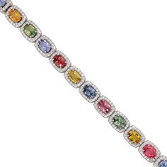 18k White Gold Gemstones: 16 Round Multi-Color Sapphires, 14.14tcw Diamonds: 288 Round Brilliant, 3.00tcw Multi Color Sapphire Bracelet, Formal Multicolor Diamond Gemstones, Elegant Multicolor Diamond Bracelet, Luxury Multicolor Cubic Zirconia Tennis Bracelet, Fine Jewelry Multicolor Cubic Zirconia Tennis Bracelet, Multicolor Stone Bracelets In Fine Jewelry Style, Multicolor Stone Bracelets Fine Jewelry, Multicolor Cubic Zirconia Tennis Bracelet For Formal Occasions, Multicolor Cubic Zirconia Tennis Bracelet With Multi-stone