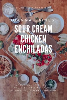 the cover of soup cream chicken enchiladas is shown on a wooden table