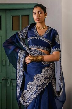 Blue saree with resham zari embroidered floral mandala and swirl patterns highlighted by sequin work. Comes with embroidered unstitched blouse piece. - Aza Fashions Fitted Blue Pre-draped Saree With Intricate Embroidery, Blue Embroidered Pre-draped Saree For Transitional Season, Fitted Pre-draped Saree With Intricate Embroidery For Festivals, Fitted Pre-draped Tussar Silk Saree With Dupatta, Fitted Pre-draped Saree With Dupatta For Transitional Season, Blue Traditional Pre-draped Saree With Intricate Embroidery, Traditional Fitted Pre-draped Saree For Navratri, Blue Fitted Pre-draped Saree For Transitional Season, Fitted Pre-draped Saree With Intricate Embroidery