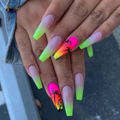 30 Best Coffin Acrylic Nail Design Ideas (2023) - The Trend Spotter Coachella Nails, Bright Summer Acrylic Nails, Unghie Sfumate, Tree Nails, Tropical Nails, Nail Design Inspiration, Glow Nails, Coffin Shape Nails