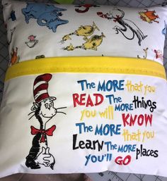 the cat in the hat pillow case is made from two different fabrics and has an image of dr seuss on it