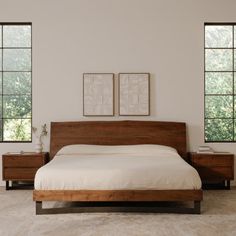 a bed sitting in the middle of a bedroom next to two windows with plants on them