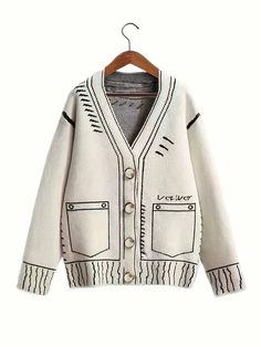 Plus Size Women's White V-Neck Long Sleeve Knit Cardigan White Casual  Long Sleeve Knitted Fabric Colorblock,Letter,Striped  High Stretch  Women Plus Clothing, size features are:Bust: ,Length: ,Sleeve Length: Winter Black And White, Painting Graffiti, Y2k Cardigan, Korean Fashion Fall, Knitted Blouse, Fall Cardigan, Áo Len Cardigan, Winter Vest, Long Sleeve Knitted Cardigan