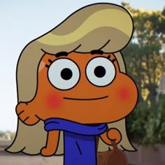 an animated image of a woman with blonde hair and blue dress holding a brown purse