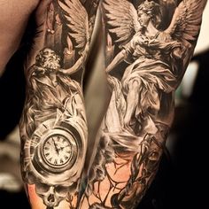 an arm tattoo with angel and clock on it