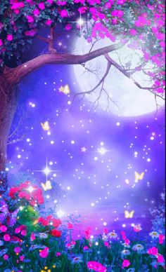 an image of flowers and butterflies in the night sky with stars, moon and tree