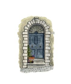 an illustration of a blue door with potted plants on the step next to it