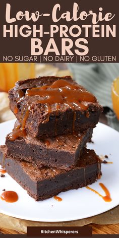 chocolate brownies stacked on top of each other with caramel sauce