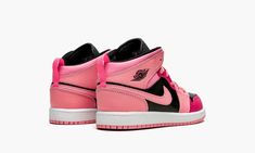 The Jordan 1 Mid PS “Coral Chalk” is the preschool version of the popular retro basketball shoe in a multicolor look that features various shades of pink on its design.  A fun colorway for children, the “Coral Chalk” has a base of black leather on the perforated toe and mid-panel.  The forefoot, collar, heel, and Swoosh are designed in Coral Chalk-colored leather and contrast the neutral appearance of the shoe’s base.  Rose Pink leather is found on the toe cap and middle eyelet panel, and on the Pink Basketball Shoes With Gum Sole For Streetwear, Pink Leather Basketball Shoes With Contrast Sole, Pink Low-top Basketball Shoes For Streetwear, Pink Low-top Basketball Shoes With Contrast Sole, Pink Low-top Basketball Shoes With Gum Sole, Pink Basketball Shoes With Gum Sole For Sports, Pink Leather Basketball Shoes With Branded Insole, Pink High-top Basketball Shoes For Streetwear, Pink High-top Sneakers With Contrast Sole And Round Toe