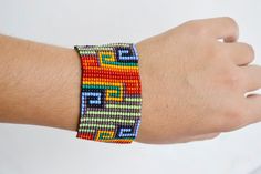 colorful bracelet, beaded bracelet, handmade, boho bracelet, Indigenous Huichol inspired multicolor, bead bracelet Loom Designs, Bead Loom Designs, Wooden Bag, Colorful Bracelet, Wicker Bags, Bead Loom Patterns, Bead Loom, Loom Bracelets, Boho Bracelet