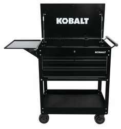 the kobalt tool cart is on wheels and holds two drawers, one with an open