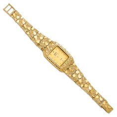 10k yellow gold men's solid nugget watch. Features gold-tone hands and markers, 10k gold case and bracelet, stainless steel case back, mineral crystal, rectangular 27x47mm champagne dial. Comes with Seiko or Geneve quartz movement, water resistance, fold over catch clasp and one year warranty. Watch band measures approximately 8"L x 5/8"W. Yellow Gold Rectangular Watch Bands For Anniversary, Rectangular Yellow Gold Watch Accessory For Anniversary, Gold Rectangular Jewelry For Anniversary, Gold Jewelry With Polished Finish And Rectangular Dial, Gold Jewelry Watch With Rectangular Dial For Anniversary, Gold Watch Bands With Polished Finish For Anniversary, Gold Jewelry And Watches With Rectangular Dial For Anniversary, Gold Rectangular Watch With Polished Finish, Gold Rectangular Watches With Polished Finish