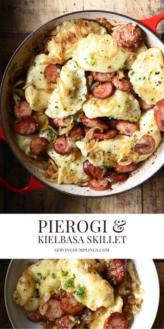 two pictures showing different types of food in a skillet and on the same plate