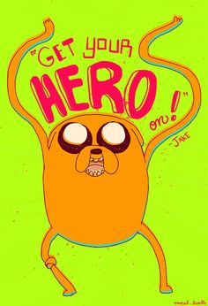 an orange cartoon character with the words get your hero on it's face and arms