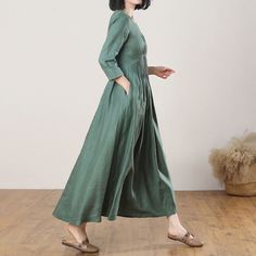 Linen Dress Green Linen Maxi Dress Casual Dress Fit & Flare - Etsy Green Fitted A-line Long Sleeve Dress, Casual Green A-line Midi Dress, Fitted Dark Green Casual Dress, Casual Fitted Dark Green Dress, Dark Green Fitted Casual Dress, Spring Green Solid Midi Dress, Spring Green Solid Color Midi Dress, Green A-line Long Sleeve Dress For Spring, Khaki Dress For Fall