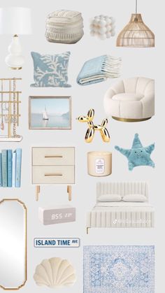 an assortment of furniture and decor items arranged in the shape of a collage on a white background