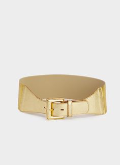 Elevate your style with our handmade wide gold leather belt, crafted meticulously in our Barcelona atelier. This elegant belt features genuine metallic leather and measures 8 cm (3.1 inches) wide, ensuring a bold statement piece for any outfit. The belt combines a handcrafted buckle and a front section made from the same luxurious gold leather, complemented by an elastic back for a perfect, comfortable fit. This premium accessory showcases a unique, glamorous buckle lined with the same leather, exuding sophistication and quality. Versatile and chic, our elastic gold belt pairs beautifully with blouses, tunics, blazers, long baggy shirts, and dresses. Ideal for a range of activities, it adapts seamlessly to your movements--whether you're sitting, standing, walking, or dancing. Perfect for s Chic Party Belt With Gold Buckle, Leather Party Belts, Chic Gold Belt For Party, Elegant Gold Corset Belt For Parties, Luxury Gold Belt With Self Belt, Luxury Adjustable Gold Belt Buckle, Luxury Gold Adjustable Belt Buckle, Adjustable Gold Party Belt, Elegant Gold Belt For Party