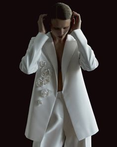 Bridal Blazer, Crafted Flowers, Wedding Wardrobe, Woman In Suit, Chic Brides, Chic Shirts, Crystal Trim, Blazer Designs, Couture Details